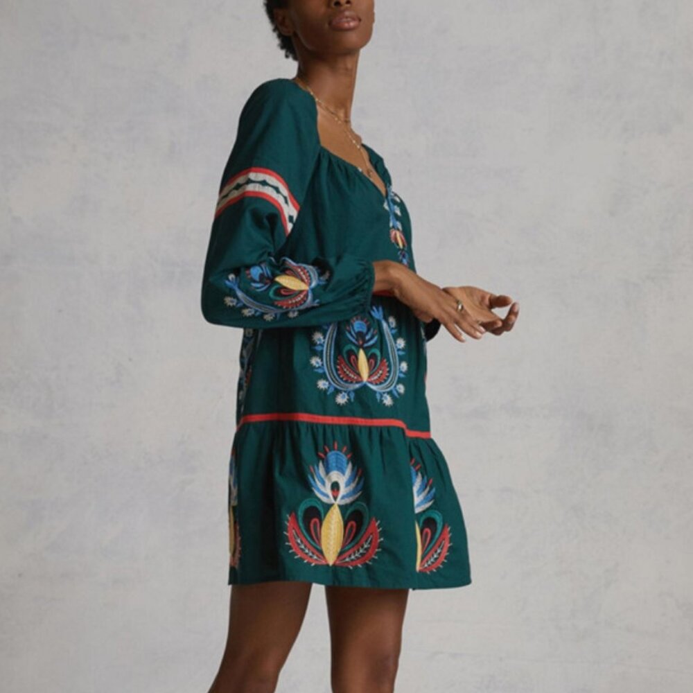 Very Good Condition, Anthropologie Embroidered Tunic Dress, Teal, L